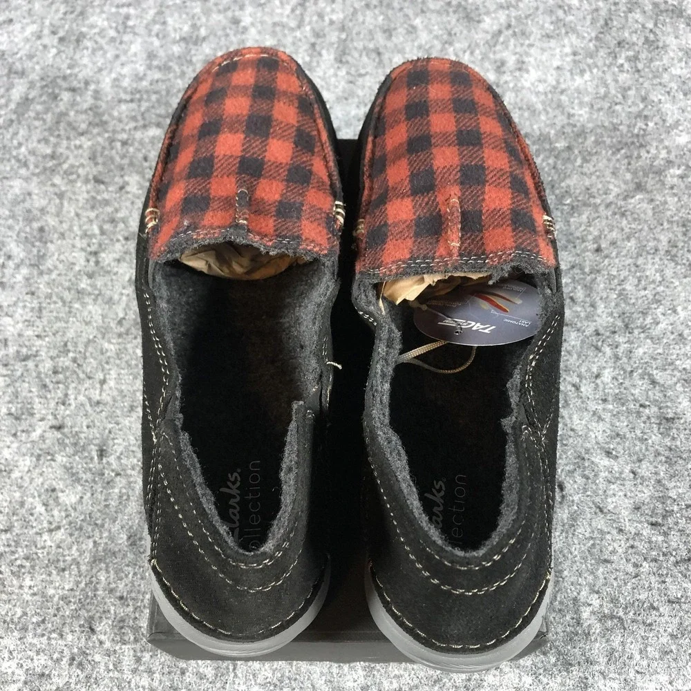Clarks Shoes Mens Size 9.5 Black‎ Red Plaid Slip On Loafers Slippers Buffalo